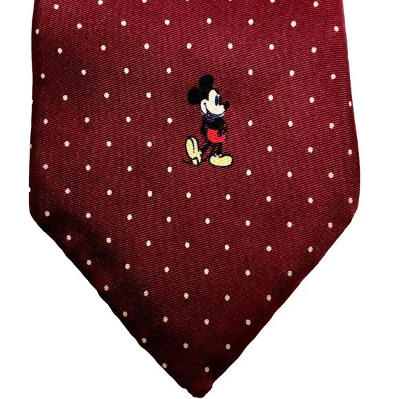 Mickey Mouse Cervantes Vtg Tie Disney World Maroon Red Repp Weave Polka Dots Y2K - Picture 4 of 9